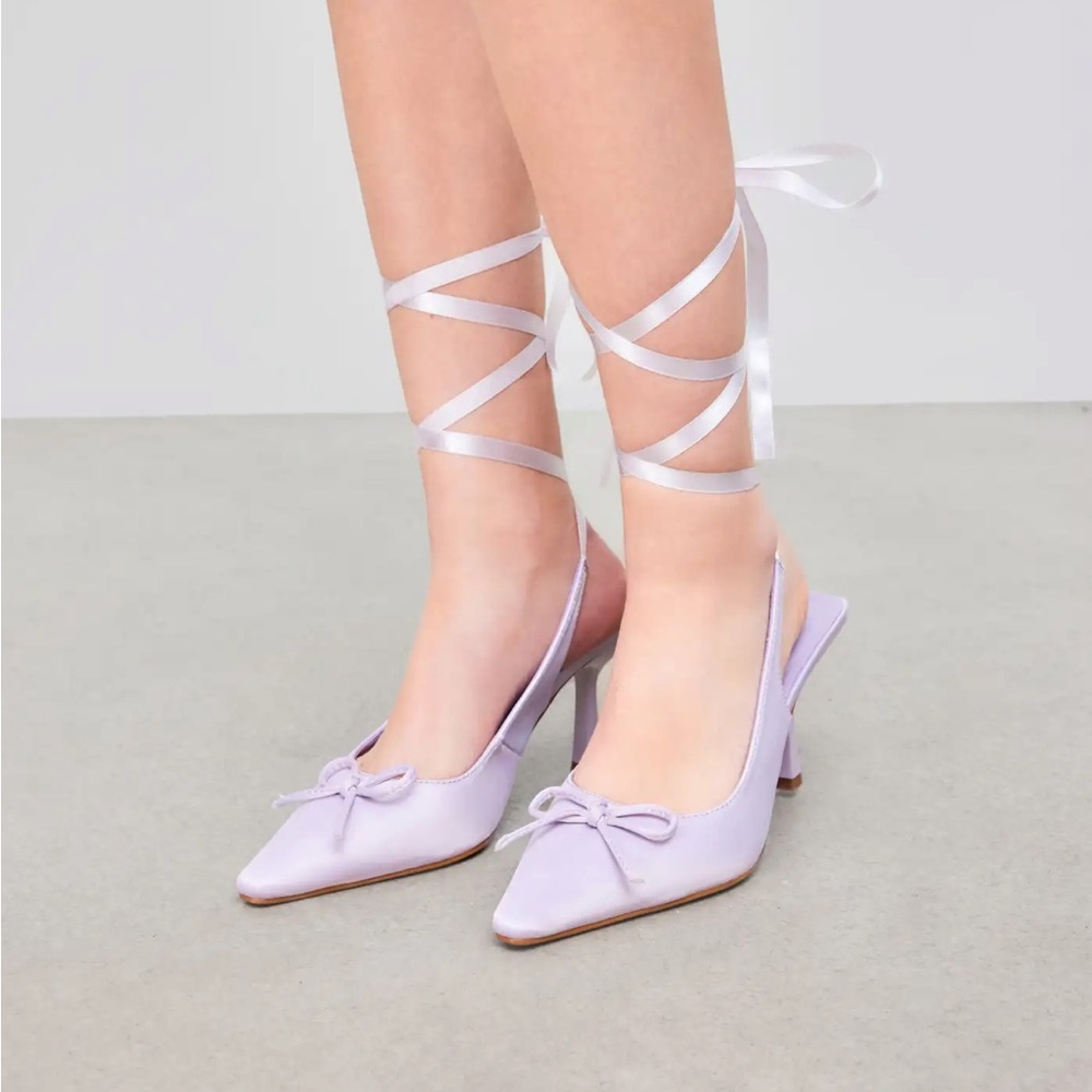 Purple Green Bow Kitten Wrap Heels 7.5